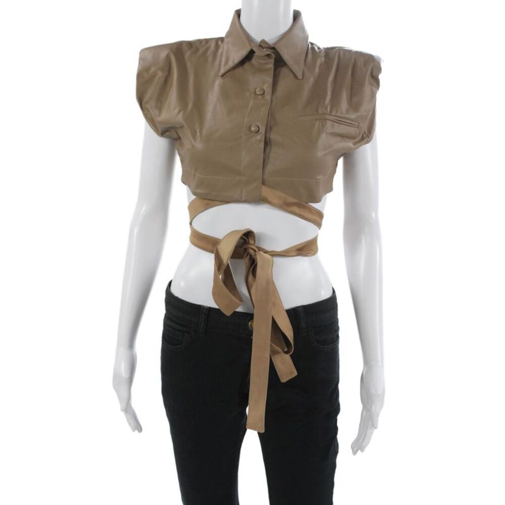 Nonchalant Label Womens Cropped Collared Button Up Blouse Beige Size XS